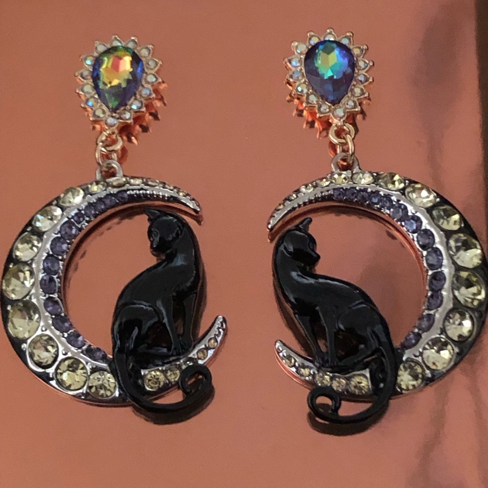 Authentic Betsey Johnson Earrings - Black Cat On A Crystal Moon Silver Tone, NIB